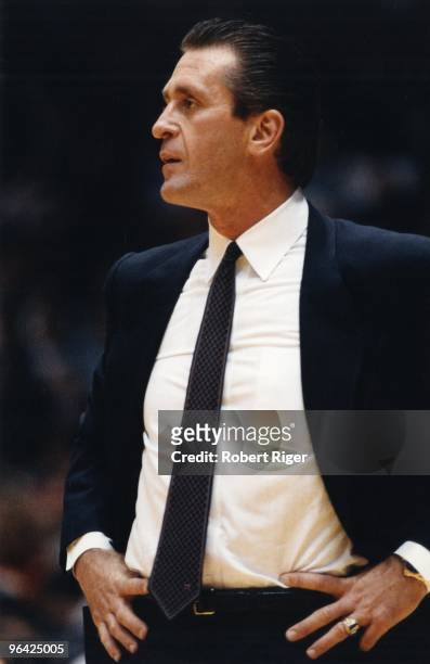 Head coach Pat Riley of the Los Angeles Lakers looks on during a game in an undated photo, circa 1980s.