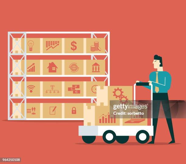 warehouse - businessman - project delivery stock illustrations