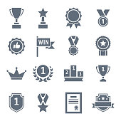 Award, trophy, cup and medal flat icon set - black illustration