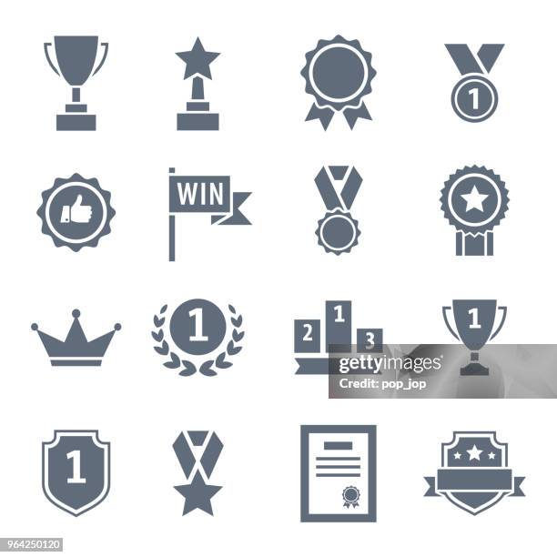 award, trophy, cup and medal flat icon set - black illustration - award stock illustrations