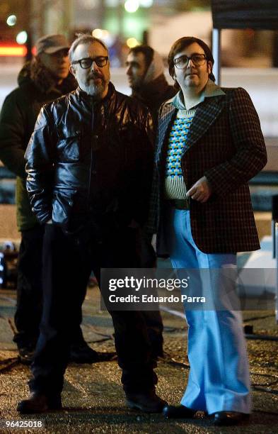 Alex de la Iglesia and Carlos Areces work on the filming of 'Balada Triste de Trompeta' at Loessa Gas Station on February 4, 2010 in Madrid, Spain.