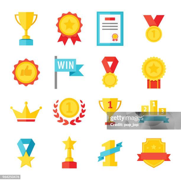 illustrations, cliparts, dessins animés et icônes de jeu d’icônes plate award, trophée, coupe et médaille - illustration couleur - trophy flat design