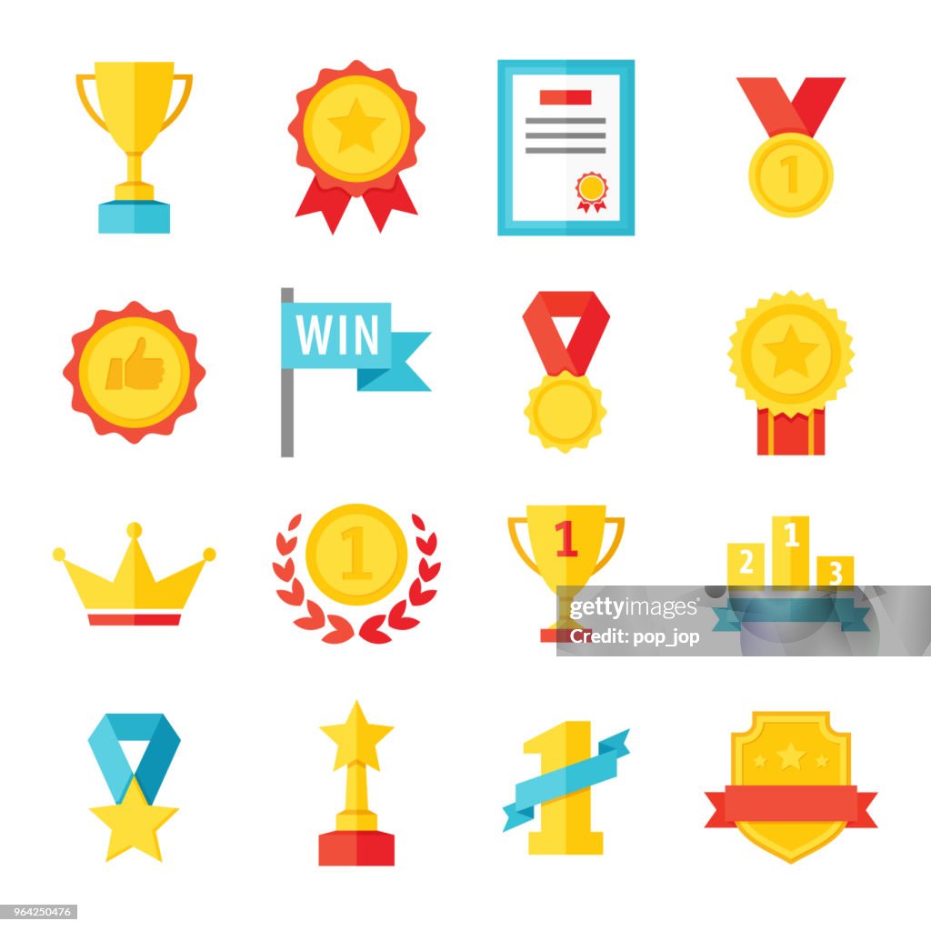 Award, de trofee, de beker en medaille platte pictogrammenset - kleur illustratie