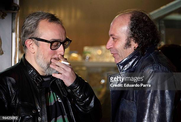 Alex de la Iglesia and Manuel Tallafe work on the filming of 'Balada Triste de Trompeta' filming at Loessa Gas Station on February 4, 2010 in Madrid,...