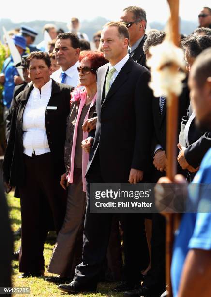 New Zealand Prime Minister John Key is guided by Titewhai Harawera, a Ngapuhi elder as he is welcomed onto TeTii Marae on February 5, 2010 in...