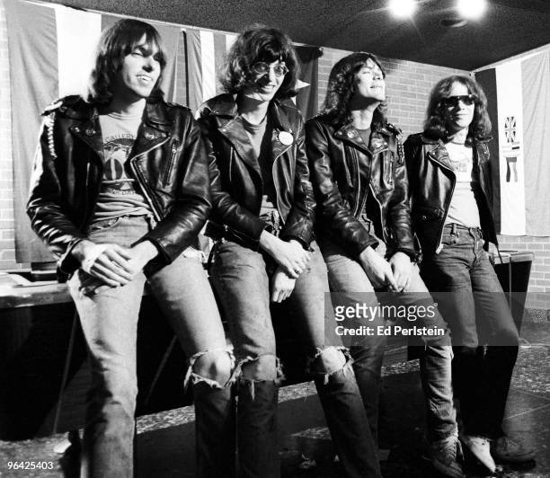 The Ramones pose backstage at the Old Waldorf club in January 1978 in San Francisco, California.