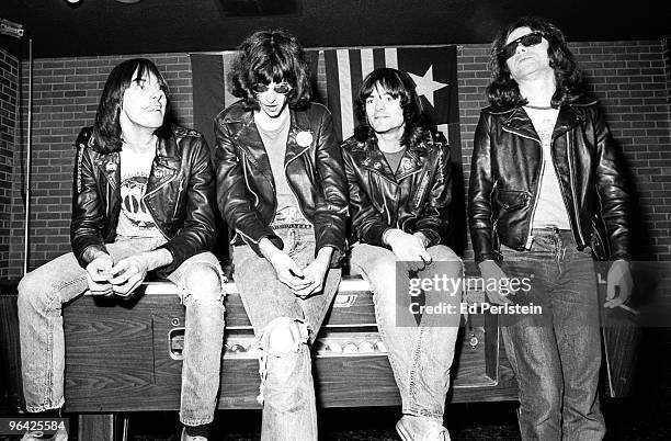 The Ramones pose backstage at the Old Waldorf club in January 1978 in San Francisco, California.