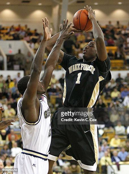 Al-Farouq Aminu of the Wake Forest Demon Deacons against the Georgia Tech Yellow Jackets at Alexander Memorial Coliseum on January 28, 2010 in...