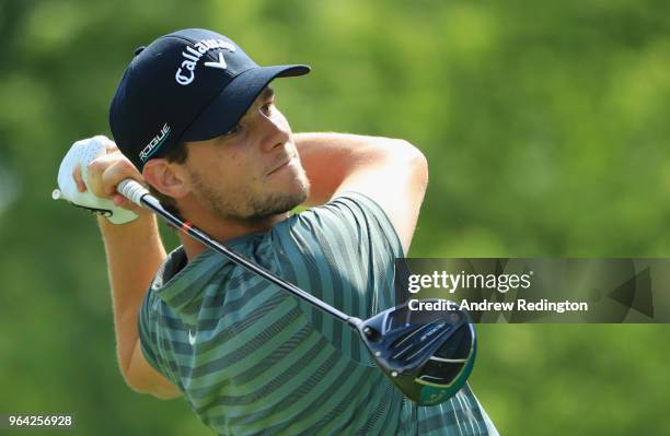 JThomas Pieters of Belgium tees off on the 17th hole during day one of the Italian Open at Gardagolf CC on May 31, 2018 in Brescia, Italy.