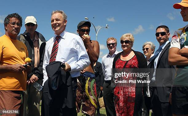 Labour Party leader Phil Goff meets with some of the Waka crew outside TeTii Marae on February 5, 2010 in Waitangi, New Zealand. Waitangi Day is the...