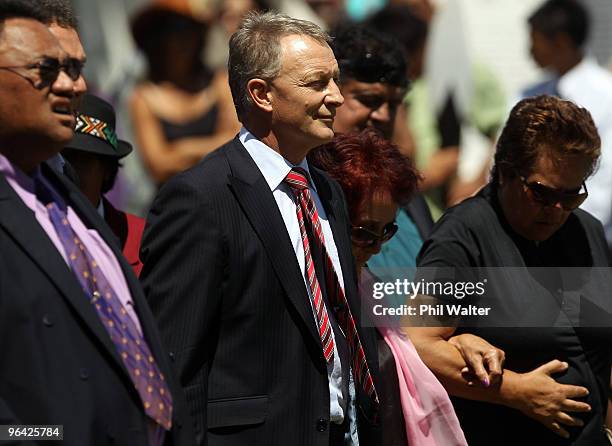 Labour Party leader Phil Goff is guided by Titewhai Harawera, a Ngapuhi elder as he is welcomed onto TeTii Marae on February 5, 2010 in Waitangi, New...