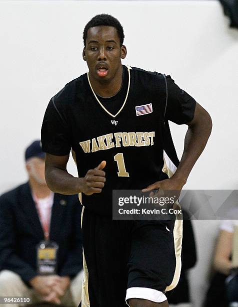 Al-Farouq Aminu of the Wake Forest Demon Deacons against the Georgia Tech Yellow Jackets at Alexander Memorial Coliseum on January 28, 2010 in...