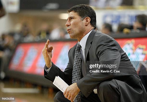 Head coach Dino Gaudio of the Wake Forest Demon Deacons against the Georgia Tech Yellow Jackets at Alexander Memorial Coliseum on January 28, 2010 in...