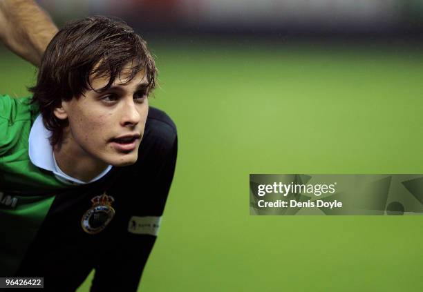 Sergio Canales of Racing Santander lines up before the start of the Copa del Rey semi-final, first leg match between Atletico Madrid and Racing...