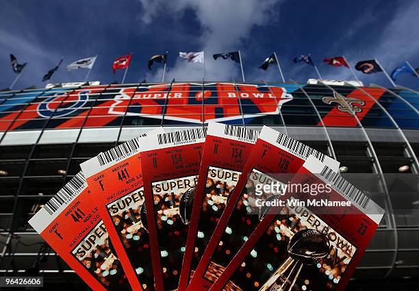 Tickets for Super Bowl XLIV are shown outside Sun Life Stadium February 4, 2010 in Miami, Florida. The Indianapolis Colts will play the New Orleans...