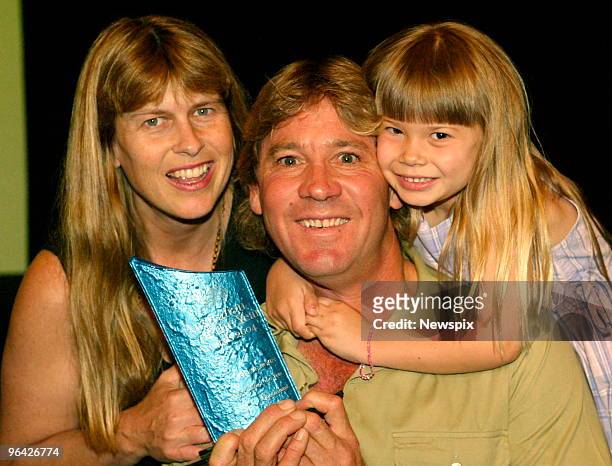 November 20, 2003: 'Crocodile Hunter' Steve Irwin, who is Queensland's Australian of the Year 2004 state finalist, is congratulated by his daughter...