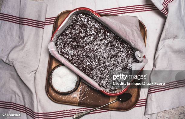 chocolate and coconut energy slice,  with chocolate topping - silves portugal stock pictures, royalty-free photos & images