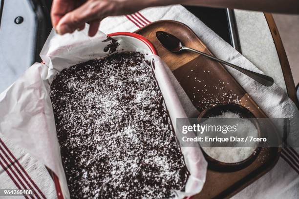 chocolate and coconut energy slice, ready for slicing. - silves portugal stock pictures, royalty-free photos & images