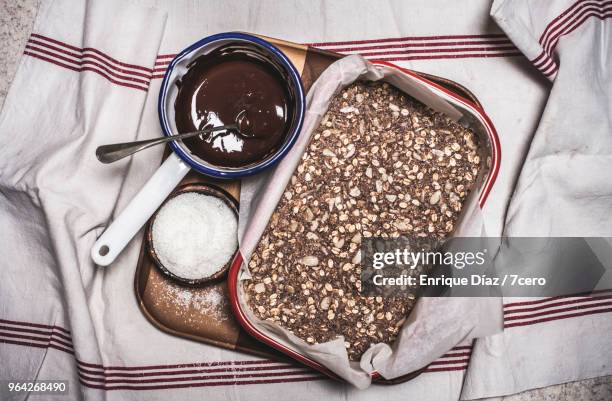 chocolate and coconut energy slice, components - silves portugal stock pictures, royalty-free photos & images