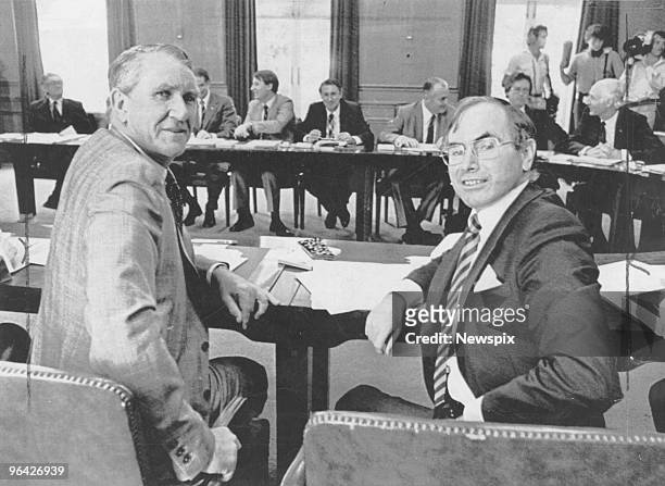 Prime Minister Malcom Fraser and Treasurer John Howard attend the First Liberal Party Executive Meeting in Canberra.