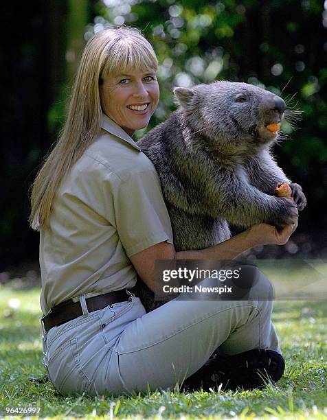 Terri Irwin, wife of 'Crocodile Hunter' Steve Irwin, with 'Kato' the wombat at Australia Zoo in Queensland.