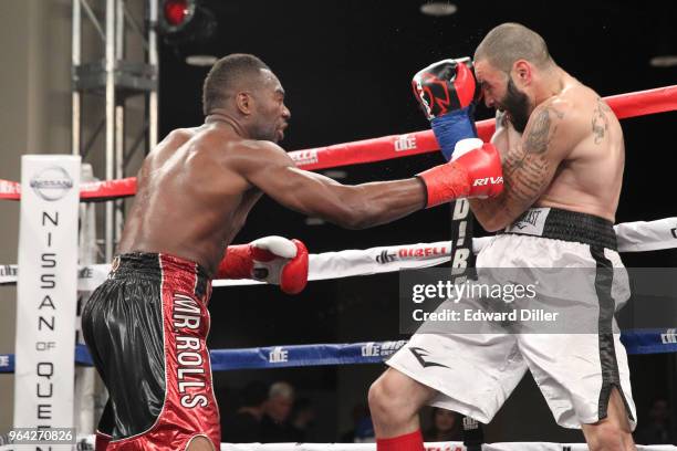 Steve Rolls lands a right hand against Emmanuel Sanchez at the Resorts World Casino on June 03, 2016 in the Queens borough of New York City. Sanchez...