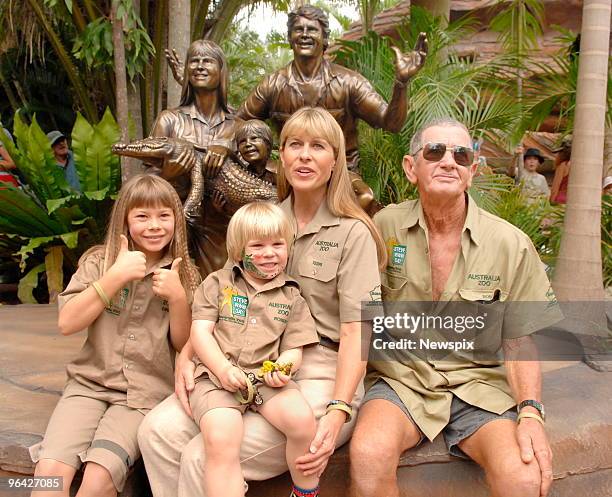 Bindi Irwin, Bob Irwin Junior, Terri Irwin and Bob Irwin Senior at the unveiling of the Irwin family sculpture, featuring 'Crocodile Hunter' Steve...