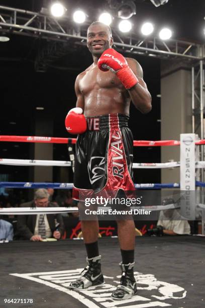 Steve Rolls celebrates after defeating Emmanuel Sanchez at the Resorts World Casino on June 03, 2016 in the Queens borough of New York City. Sanchez...