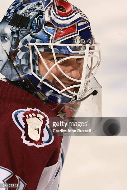 Goalie Peter Budaj of the of the Colorado Avalanche warms up prior to a game against the Nashville Predators on February 4, 2010 at the Sommet Center...