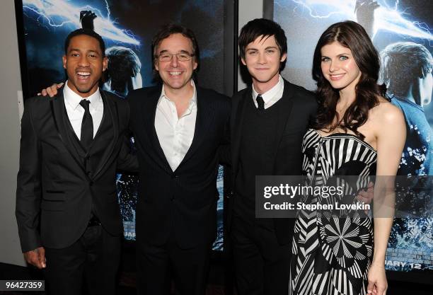 Actor Brandon T. Jackson, director Chris Columbus, actor Logan Lerman, and actress Alexandra Daddario attend the premiere of "Percy Jackson & The...