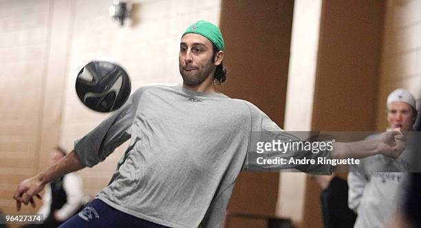 Roberto Luongo of the Vancouver Canucks warms up with a soccer ball in the hallway prior to a game against the Ottawa Senators at Scotiabank Place on...