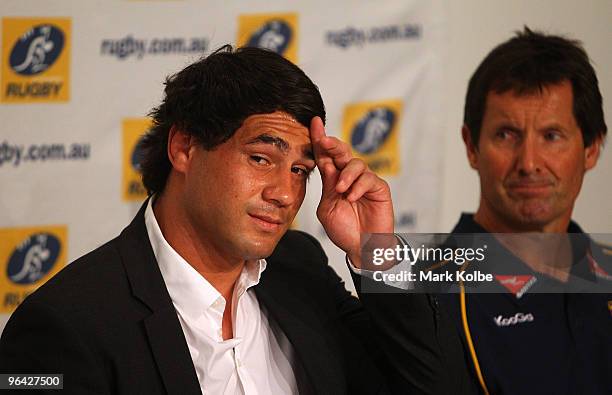 George Smith of the Australian Wallabies wipes away sweat as he announces his retirement from international rugby during a press conference at the...