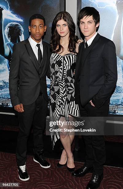 Actors Brandon T. Jackson, Alexandra Daddario, and Logan Lerman attend the premiere of "Percy Jackson & The Olympians: The Lightning Thief" at AMC...