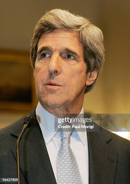 Senator John Kerry discusses attempts to end commercial whaling at a press conference at the Longworth House Office Building on January 29, 2008 in...