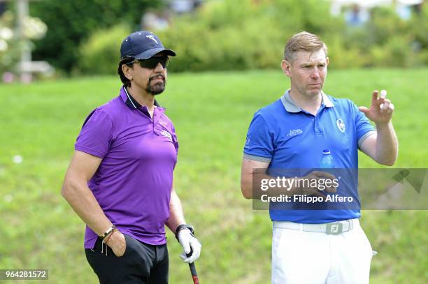 Valerio Staffelli and Stephen Gallacher during the Fondazione Vialli Mauro ProAm Golf Cup on May 28, 2018 in Capriata d'Orba, Italy.