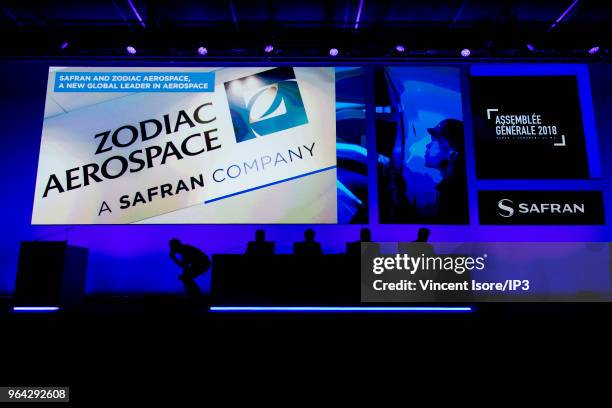 The Zodiac Aerospace logo on a giant screen at the French aeronautic and aerospace supplier Safran general shareholders meeting on May 25, 2018 in...