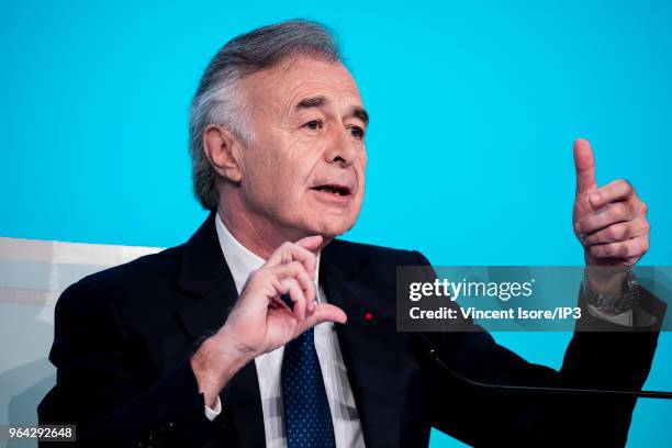 Safran CEO, Philippe Petitcolin, attends the French aeronautic and aerospace supplier Safran general shareholders meeting on May 25, 2018 in Paris,...