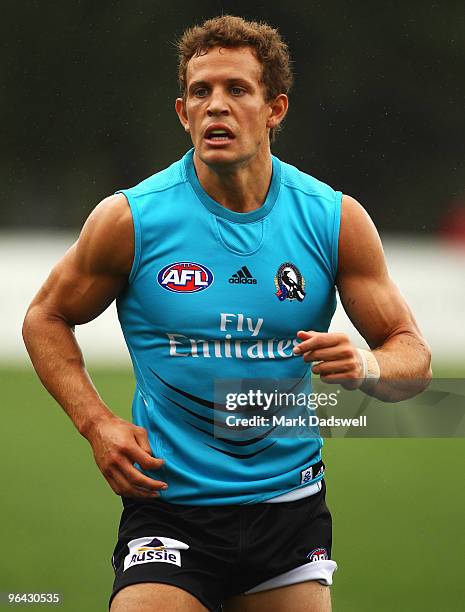 Luke Ball of the Magpies follows play during a Collingwood Magpies intra-club AFL match at Gosch's Paddock on February 5, 2010 in Melbourne,...