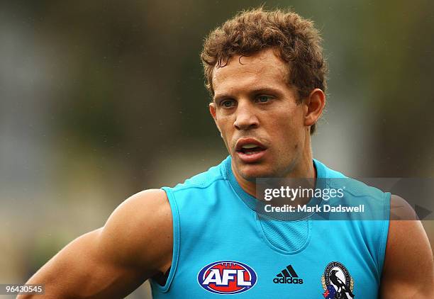 Luke Ball of the Magpies watches play during a Collingwood Magpies intra-club AFL match at Gosch's Paddock on February 5, 2010 in Melbourne,...