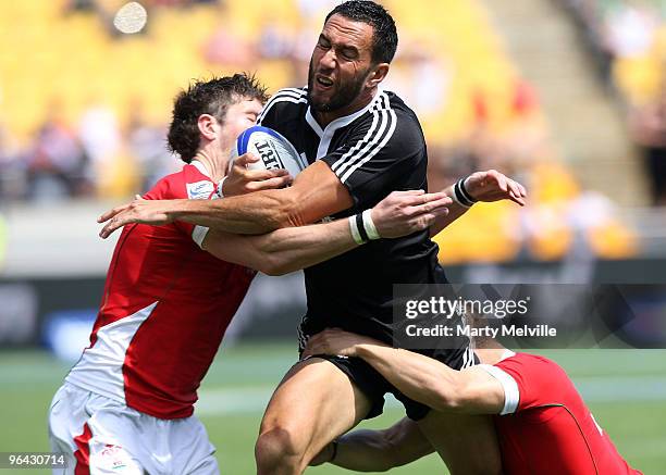 Zar Lawrence of New Zealand is tackled by of Rhys Morgan and Alexander Cuthbert of Wales in the match between New Zealand and Wales during day one of...