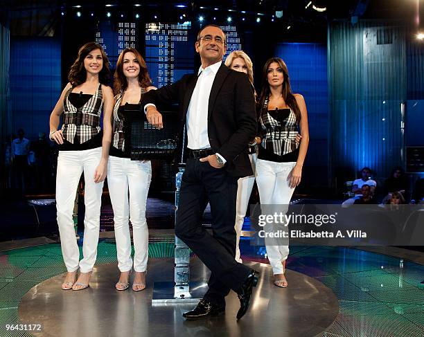 Italian TV presenter Carlo Conti with Serena Gualinetti, Enrica Pintore, Benedetta Mazza and Cristina Buccino attend "L'Eredita" at RAI Studios on...