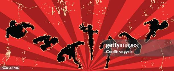 vector retro superhero team silhouette poster - muscle black wallpaper stock illustrations