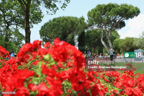 Thomas Pieters of Belgium tees off on the 18th hole during day one of the Italian Open at Gardagolf CC on May 31, 2018 in Brescia, Italy.