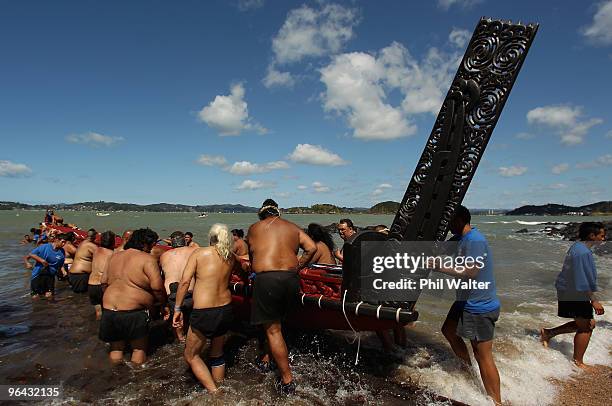 The Waka Ngatoki is launched from the Waitangi Treaty Grounds on February 5, 2010 in Waitangi, New Zealand. Waitangi Day is the national day of New...