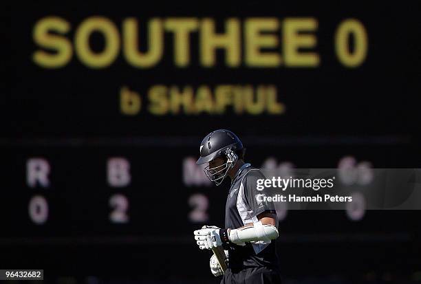 Tim Southee of New Zealand departs for a duck during the first one day international match between the New Zealand Black Caps and Bangladesh at...