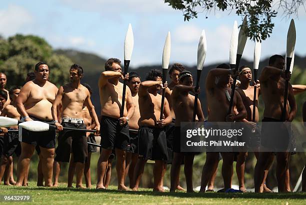 Waka crew line up to launch Ngatoki from the Waitangi Treaty Grounds on February 5, 2010 in Waitangi, New Zealand. Waitangi Day is the national day...