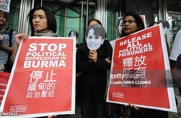 The coalition for a free Burma protest outside the Cheung Kong Centre in Hong Kong on February 5, 2010. The group were demonstrating against Cheung...