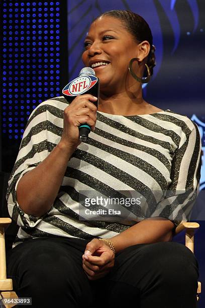 Singer Queen Latifah speaks to members of the media during the Pregame Show and National Anthem Press Conference held at the Fort Lauderdale...