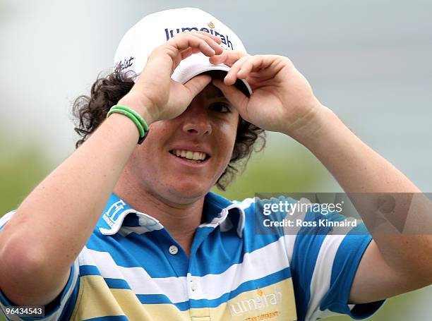 Rory McIlroy of Northern Ireland after his birdie on the par four 17th hole during the second round the Omega Dubai Desert Classic on the Majlis...