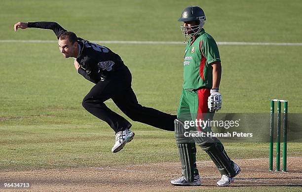 Andrew McKay of New Zealand bowls during the first one day international match between the New Zealand Black Caps and Bangladesh at McLean Park on...